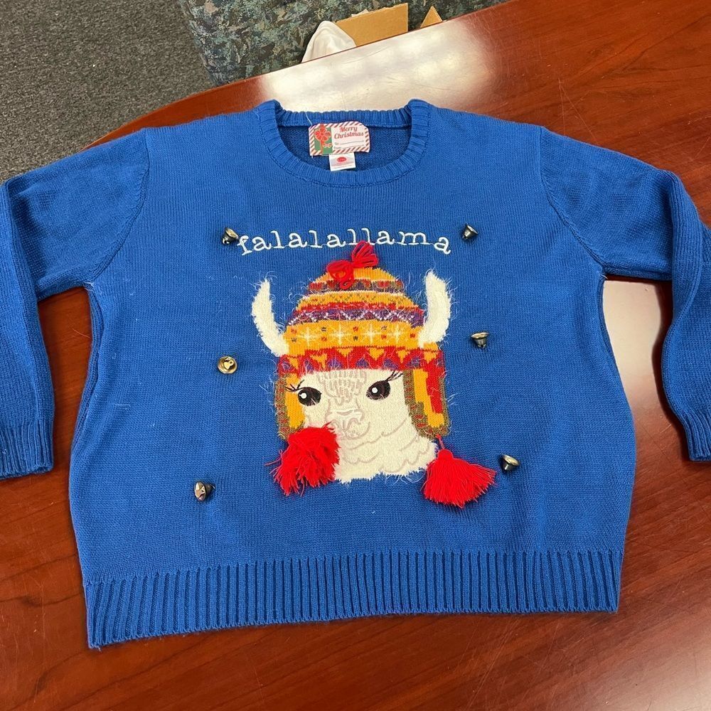 Blue Acrylic Christmas Sweater Falalallama sz L/XL